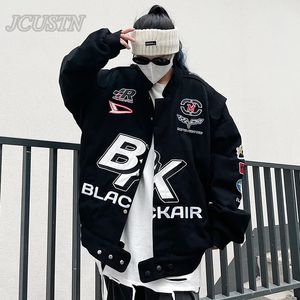 Kvinnorjackor Par Black Bomber Cool Motorcykeljacka Kvinnor Män baseball Uniform Casual Vintage Wind Jacket Y2K Print Racer Coat 231128