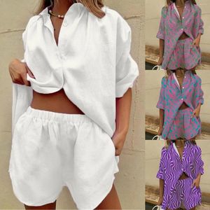 Kvinnors spårskidor Kvinnor Casual Two Piece Activewear Half Sleeve Button Down Shirt High midjeshorts Set