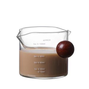 75 ml Espresso-Messbecher aus Glas, Doppelmund, Kaffee-Milchbecher mit rundem Holzkugelgriff, Kaffee-Milchkanne, Messbecher