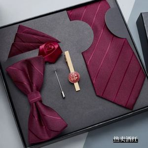 Bow Ties 5-Piece Wine Red Zipper Tie Men's Formal Business Casual Korean version av Wedding Groom's Bow Tie Square Scarf Tie Clip 231128