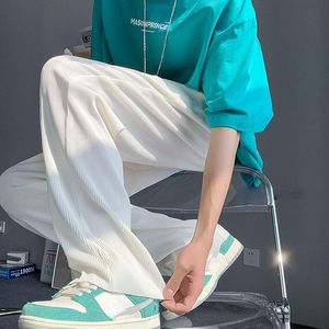 Pants Draping Ice Silk Pants Men's 2022 Summer Thin Trendy Versatile Pleated Mop Pants Straight Loose Plus Size Wide Legs Trousers