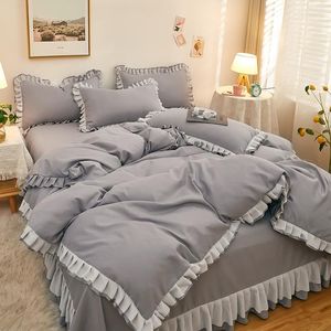 Sängkläder set Classic Simple Set 4 Size Gray Blue Pink Solid Bed Linen 3-4pcs Däcke Cover Sheet Comporter Home Textile #/