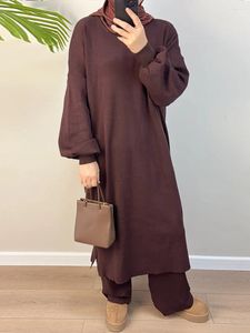 Abbigliamento etnico Donna musulmana Set invernali Abaya Set da 2 pezzi Maglione lavorato a maglia Abito lungo con pantaloni abbinati Abito autunno Islam