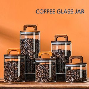 Organizasyon Kahve Cam Mühürlü Kavanoz Akasya Ahşap Kapak Gıda Konteyneri Retro Kahve Çekirdekleri Çay Mason Kavanoz Mutfak Ev Depolama Şişesi