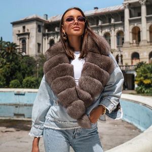 Hemerileştiriciler fursarcar yüksek kaliteli gerçek kürk ceket kış kadın katlar 2021 yeni moda sıcak tilki kürk yaka jean splice ceket dişi palto
