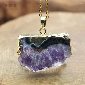 Pendant Necklaces Random Shape Stone Charm Gold Color Copper Chains Amethysts Nature Cluster Necklace In 18 Inch NM10592
