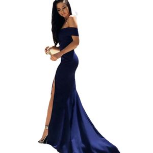 Elegante Meerjungfrau-Abendkleider, lange Luxus-Frauen, schulterfrei, ärmelloses, dunkelblaues Abendkleid mit seitlich geteilten Ballkleidern