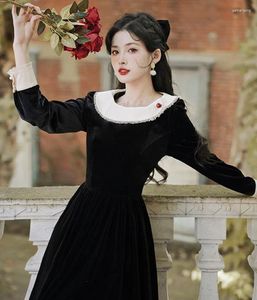 Casual Dresses Retro Victorian Style Black Velvet Dress Woman Vintage French Lady Princess For Party Night Vestido Negro Robe Noir