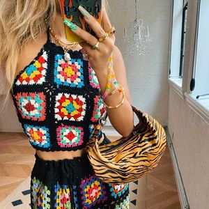 T-Shirt Boho Inspired Hand knit Crocheted tops women square pattern retro summer cami Tops Halter Swimwear cover up blouse boho top