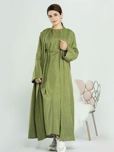 Zestawy Ramadan Mubarak bawełniana lniana Abaya Dubai Turcja muzułmańska sukienka Hidżab Kimono Solid Kolor Długie sukienka