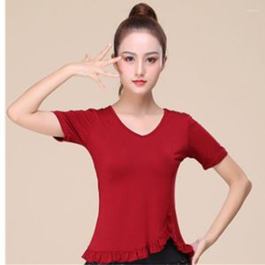 Scen Wear Square Dance Clothing Spring Summer Modal Asymmetrical Hem Short Sleeve Top Latin