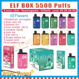 Original Elf Box 5500 Puffs Disponible Vape Pen 13 ML Pre Filled Pod Mesh Coil Puffs 5500 E Cigarettinladdningsbar luftkonditionering 0% 2% 3% 5%