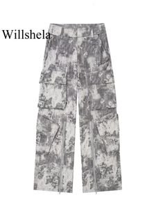 Damenhosen Caprihosen Willshela Damenmode mit Taschen bedruckter Frontreißverschluss Cargohose Vintage hohe Taille in voller Länge weibliche schicke Damenhose 231128