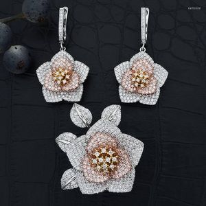 Серьги ожерелья установите модемангел модное трехтонное цветочное кольцо кубическое циркон женское свадебная вечеринка Биджоутери Подарок