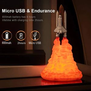 Objetos decorativos Estatuetas 3D Impressão LED Night Lamp Space Shuttle Rocket Light USB Mesa recarregável para Natal Aniversário Presente infantil 231128
