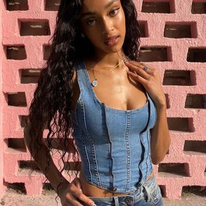 T-Shirt Fashion Zipper Women Sexy Decoration Denim Camisole Top Vintage Backless Straps Female Shirts Sleeveless Jeans Tops