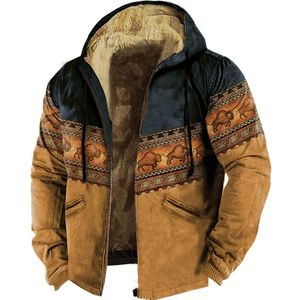 Estilo vintage jaquetas gráficas dos homens inverno quente forro de lã casacos hoodies streetwear moda cordão com capuz casaco para homem