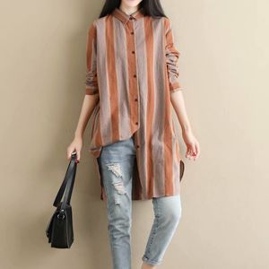 Women's Blouses Shirts Women Striped Cotton Linen Long Blouses Shirts Fashion Loose Long Sleeve Shirt Dresses Spring Summer Ladies Casual Tops SW-026 230428