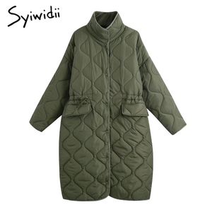 Couro syiwidii jaqueta de inverno feminina oversized argyle gola longa casaco cintura ajustável exército verde outerwear algodão forrado parkas