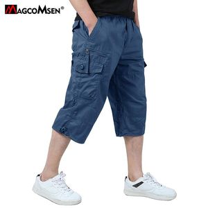 Pants Magcomsen Summer Men's Casual Baggy Cargo Pants Multi Pockets Elastic midja Justerbar botten 3/4 Längd Byxor Manliga byxor