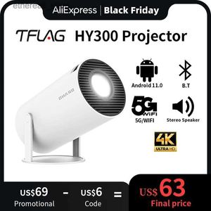 Projectors HY300 Projector 4K Android 11 Dual WiFi6 200ansi Bluetooth -högtalare 1280*720p 1080p Mini Projector för hemmabio campingoffice Q231128