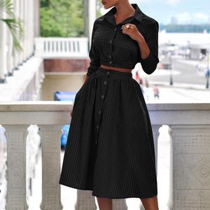 Work Dresses Outfits Streetwear Tracksuit Fashion Elegant Long Sleeve Stripe Shirt Top Button High Waist Pleated Skirt Two Piece Set