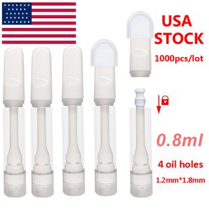 USA STOCK Carrelli per olio denso Atomizzatori Cartucce Vape in ceramica complete da 0,8 ml Sigaretta elettronica Punte a scatto vuote Vaporizzatore a bobina in ceramica 4 fori per olio Carrelli per serbatoi in vetro da 510 fili