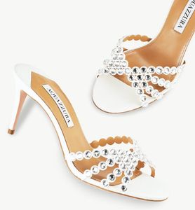 Modern Design Tequila Sandals Shoes & Aquazzura Women Mule Nappa Leather Glittery Crystals Across Straps Slip-on Lady Slipper Dress Party Walking EU35-43