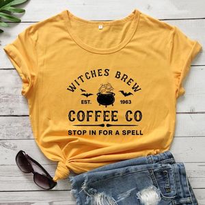 Camisetas femininas bruxas brew café co camiseta estética witchy mulher bebendo camiseta engraçado feminino festa de halloween camiseta topo