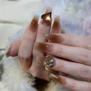 False Nails 24pcs取り外し可能なグリッターゴールドプレスフルカバーDiy Ballerina Fake Long French