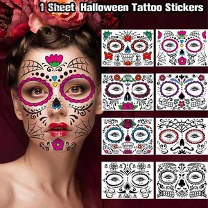 Tätowierungen, farbige Zeichnungsaufkleber, 1 Blatt, Halloween, lustige Gesichts-Tattoo-Aufkleber, kreativer Horror, temporäres Make-up, Tanz, Todesgeist, Gesichtsaufkleber, L231128