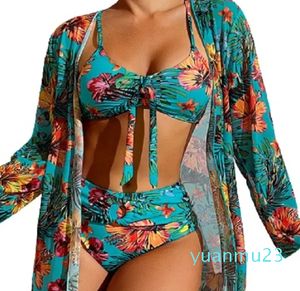 Bikinis Set Women's Swimwear Swimsuits Swimsuit Long Sleeve Blouse Split Three Sets of Print Sexy Bikini New Large Blue Swimsuitubeeubee