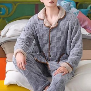 Men's Sleepwear Elastic Waist Trousers Set Winter Loungewear Plush Warm Coat Coral Fleece Pants For Cozy Homewear Men