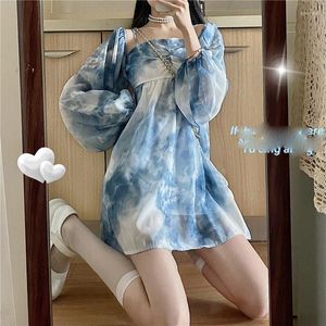 Casual Dresses Blue Tie Dye Mesh Women 2023 Sexy Off The Shoulder French Vintage Party Ruffle Elegant Mini Dress