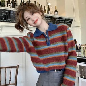 Maglioni da donna OCEANLOVE Stripes Zipper Donna Colore a contrasto Autunno Inverno Pull Femme Moda coreana Vintage Pullover corti Top