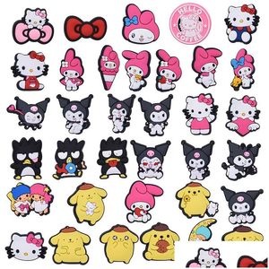 Tecknad accessoarer anime charms grossist barndomsminnen kuromi melodi rosa bow katter rolig presentsko pvc dekoration spänne mjuk r dhapg