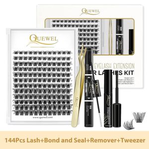 Cílios postiços Quewel Diy Lashes Extension Kit 144pcs Clusters de cílios com 72h de longa duração e removedor de cílios de vedação Pinça dourada Fácil aplicação 231128