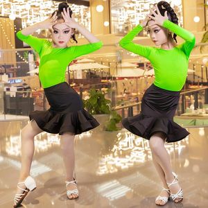 Scenkläder 2023 Latin Dance Dress Girl Spring Summer Children Performance Training Green