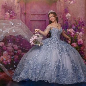 Небо платья Quinceanera Blue 2023 с отстраненным мысом с плеча хрустальная принцесса Сладкая 15 16 Платье платья для выпускного вечера