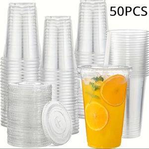 Vinglas 50Sets 12 16 20oz plastkoppar med lock tydliga engångsglas för fester Iced Coffee Smoothie Milkshake Cold Drinks 231128