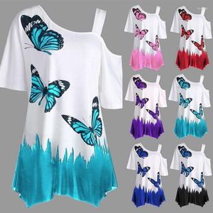 Women's T Shirts Summer Off One Shoulder Women Loose T-Shirt Long Sleeve Butterfly Print Irragular Shirt Top Female Tunic Tee