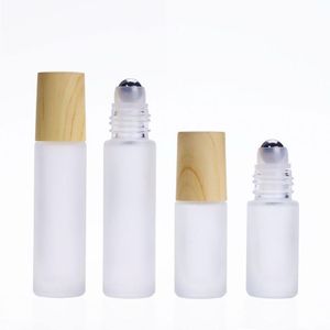 Mattierte dicke Glasrollerflaschen mit Holzmaserungsverschluss, 5 ml, 10 ml, nachfüllbare Fläschchenbehälter für ätherische Öle, Aromatherapie, Parfüm, Lippenpflege