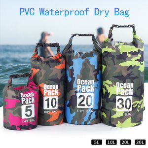 Externa ramförpackningar 5L 10L 20L 30L Vattentät badväska Dry Sack Camouflage Colors Outdoor Fishing Båt Kajakförvaring Drifting Rafting 230427