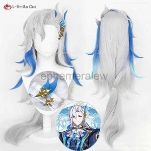 Anime Costumes Genshin Impact Fontaine Neuvillette Wig Cosplay Anime Wig 95cm Long Silver Grey Blue Wig Heat Resistant Synthetic Hair + Wig Cap zln231128