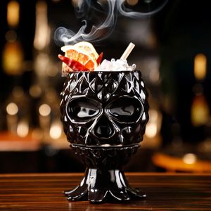 Mugs Hawaii Ceramic Tiki Mug Deep Black Skull Octopus With Lid Pineapple Molecular Cocktail Porcelain Beer Wine Cup Bar Tool 231128