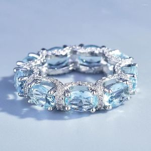 Cluster Rings Full Blue Crystal Aquamarine Gemstones Diamonds Trendy Lace Edge For Women 18k White Gold Filled Fine Jewelry Bands Gifts