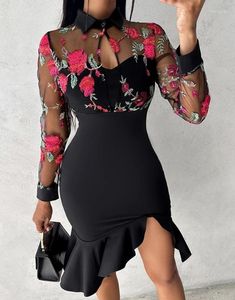 Vestidos casuais mulheres elegante bordado floral pura malha fenda babados vestido de festa moda feminina keyhole pescoço sexy magro sereia