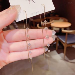 Stud Earrings Fashion Jewelry Design Korean Square Zircon Tassel Anti-lost Ear Line Net Celebrity Personality Face Thin For Women