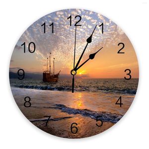 Wall Clocks Pirate Ship Seaside Beach Dusk PVC Clock Modern Design Living Room Decoration Home Decore Digital