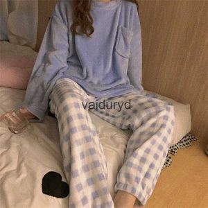 thuiskleding Geruite Dames Pyjama Set Winter Nachtkleding Fleece Fluweel 2-delige broek Thuis pak Slaap Pluizige Koreaanse zak Piiama Warme nachtkledingvaiduryd